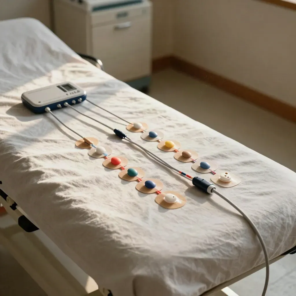 Elettrodi ECG e cavi ordinati su lettino in lino, luce calda di finestra in studio cardiologico.