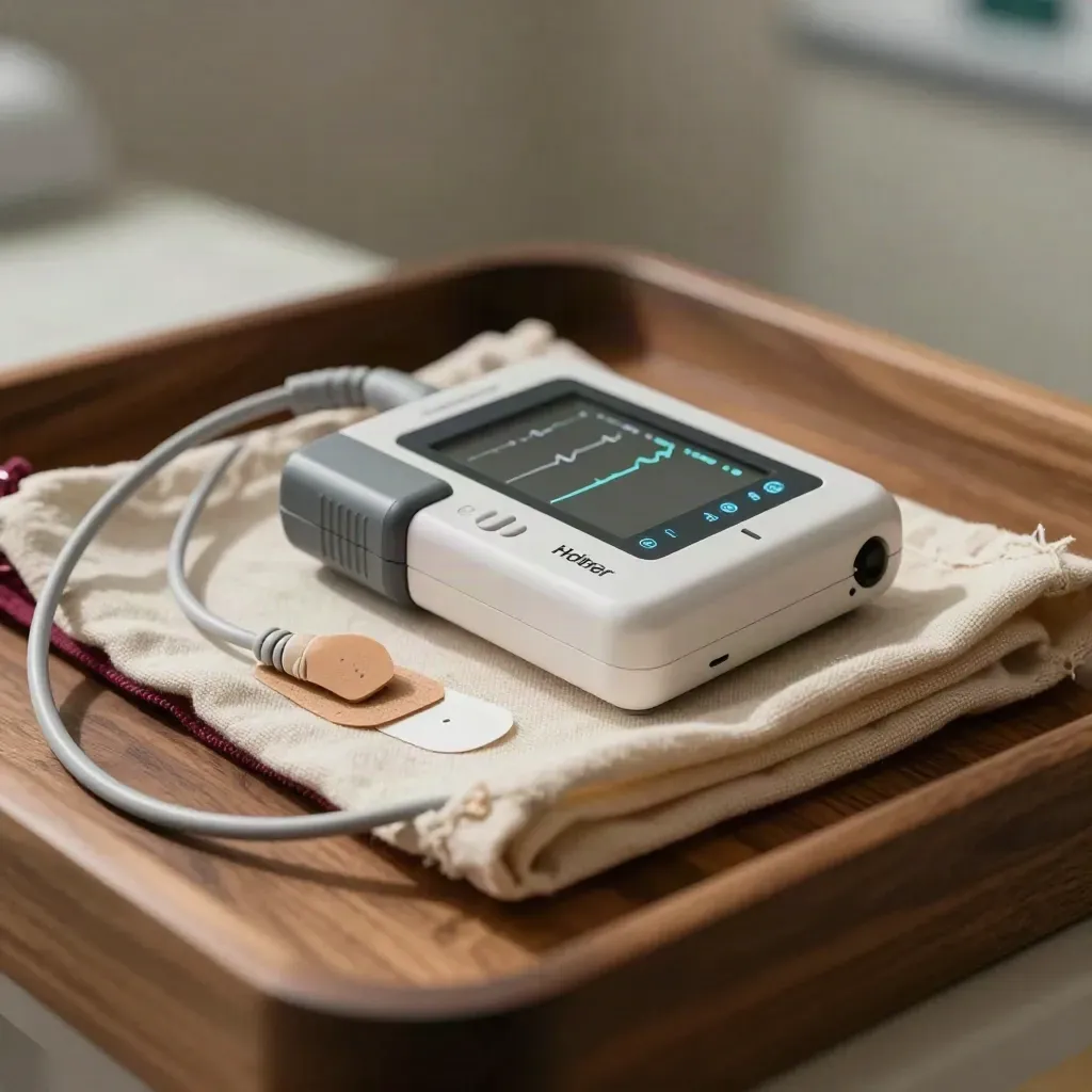 Holter, batterie e cavi raccolti su lino e legno in luce clinica morbida.