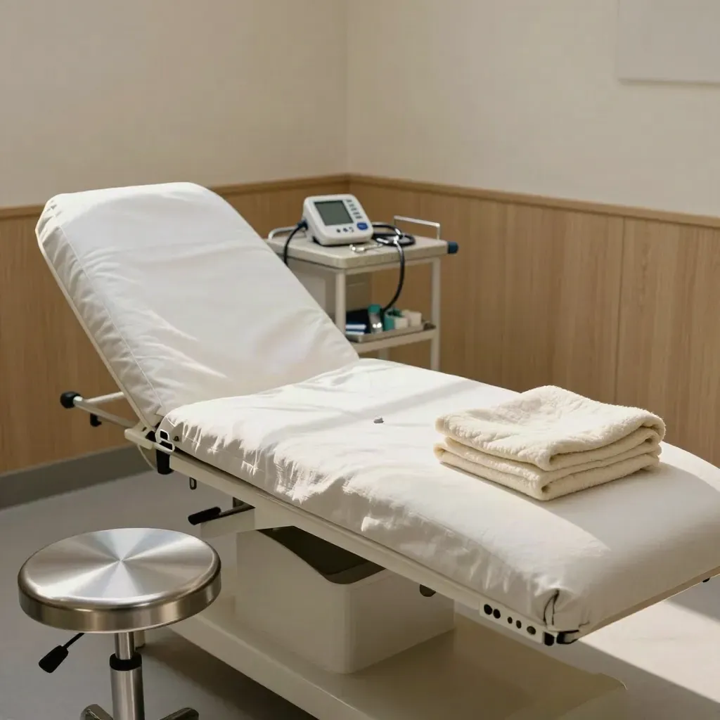 Studio cardiologico pronto per visita: lettino, sfigmomanometro, sgabello e stetoscopio nella luce calda.
