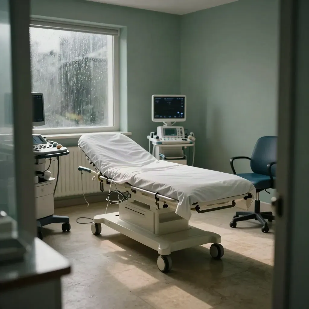 Ambulatorio cardiologico vuoto con lettino, ECG, ecografo e luce radente mattutina.