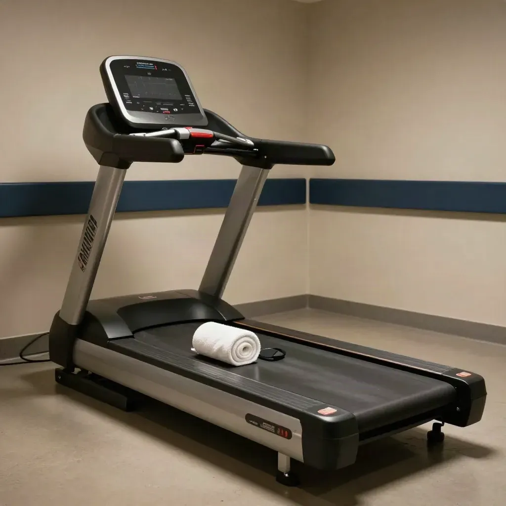 Tapis roulant clinico pronto per il test da sforzo, fascia cardio e asciugamano in luce drammatica.