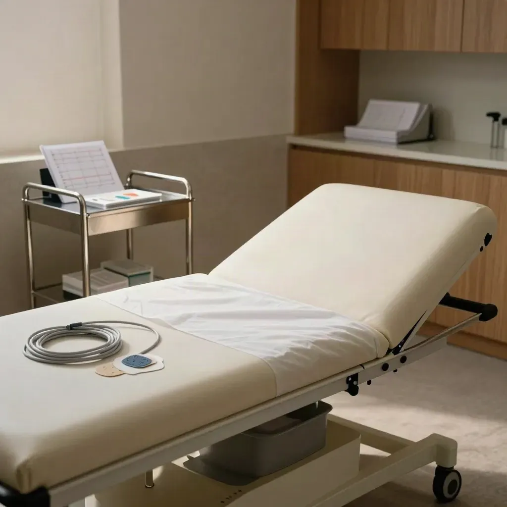 Ambulatorio cardiologico ordinato con lettino, cavi ECG raccolti e luce calda.