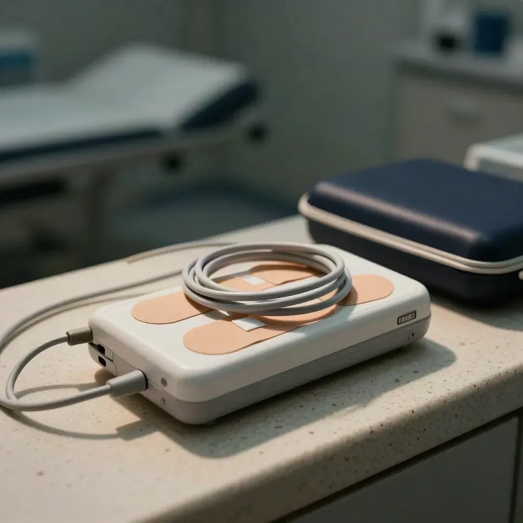 Registratore Holter, cavi avvolti e custodia chiusa in una sala visita vuota.