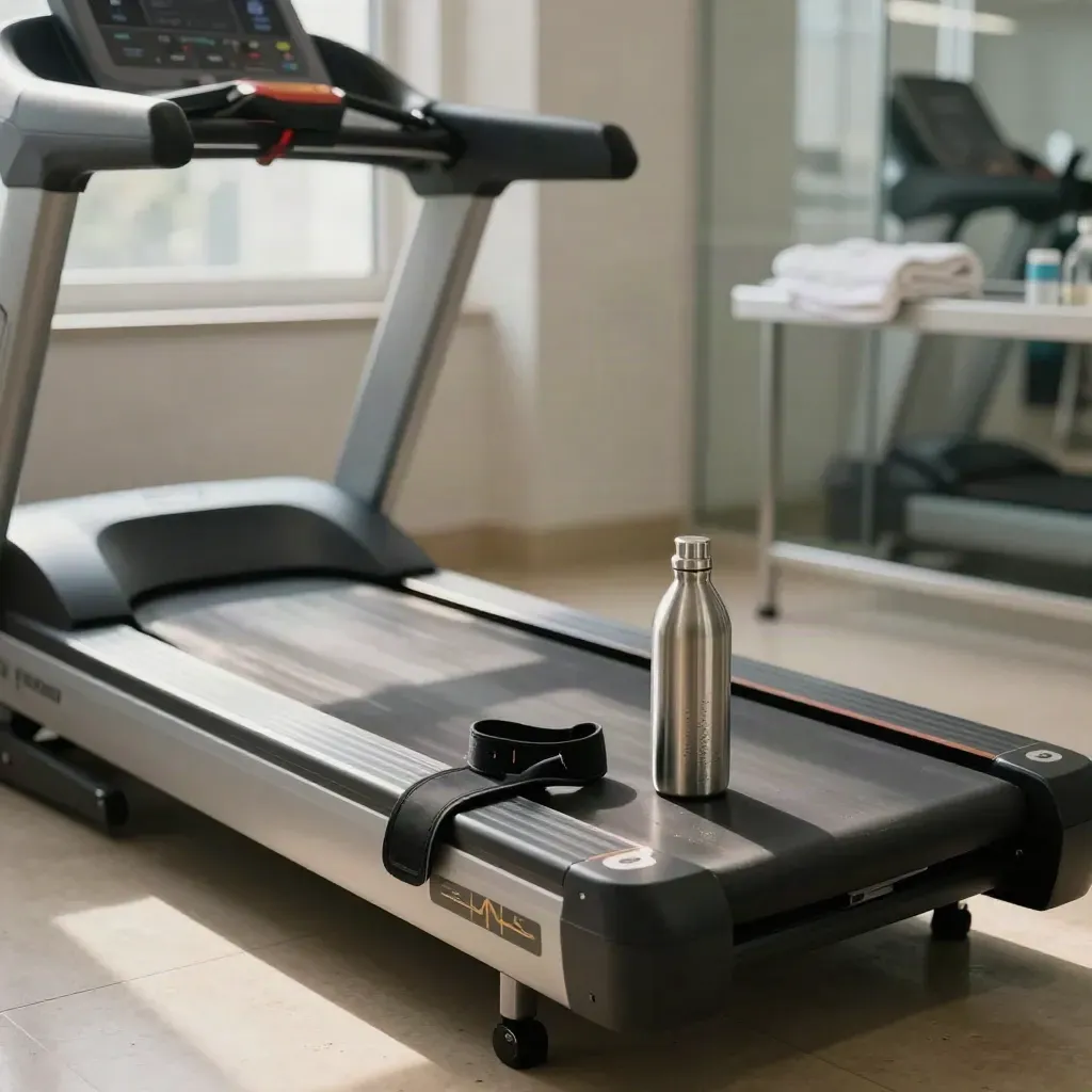 Tapis roulant clinico spento, fascia cardio, borraccia in acciaio e asciugamano dopo il test da sforzo.