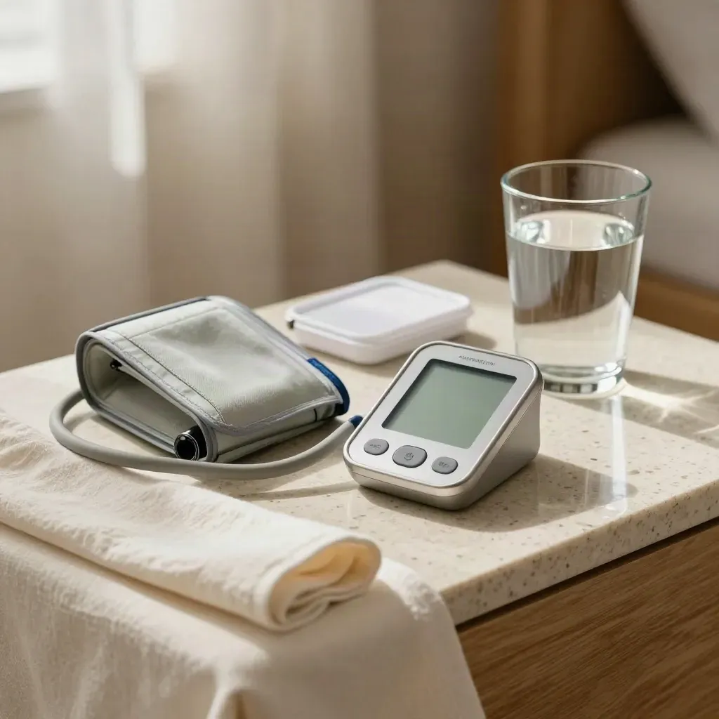 Kit per prevenzione cardiaca su tavolino con misuratore, organizer e bicchiere d’acqua