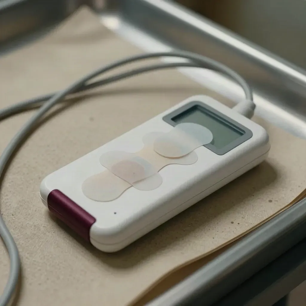 Registratore Holter, elettrodi e cavi in curva stretta su piano clinico.