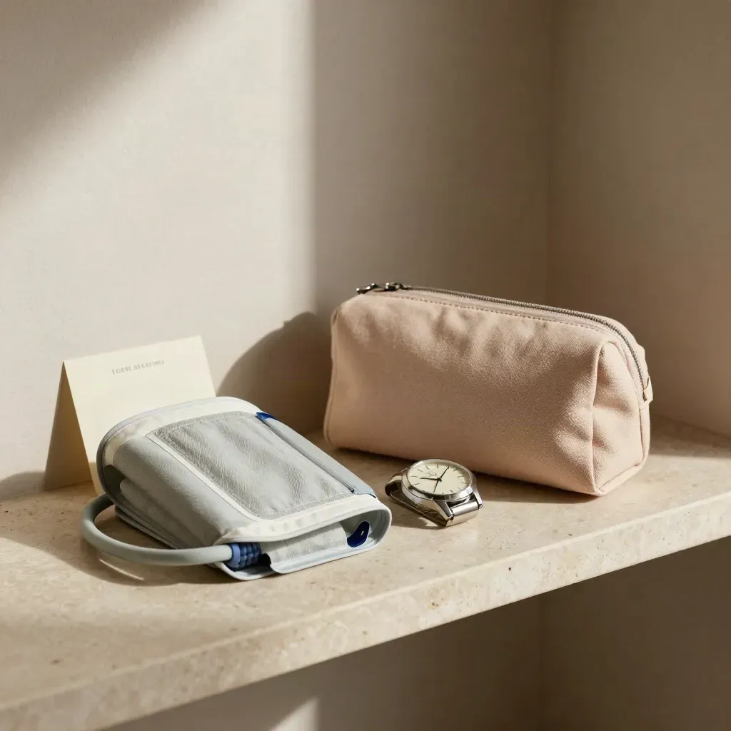 Organizer, bracciale pressione, orologio e astuccio su mensola chiara