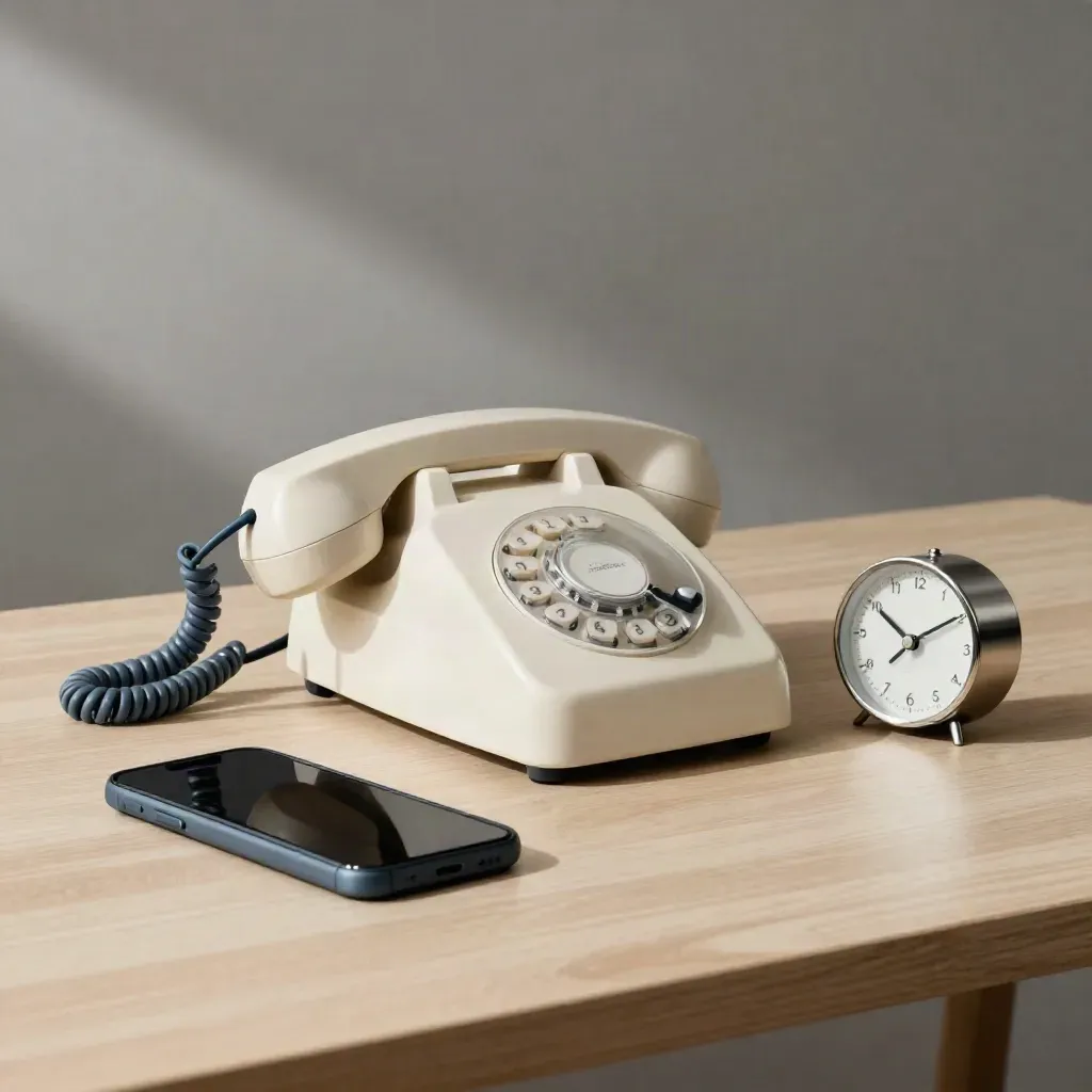 Telefono fisso, smartphone capovolto e orologio su legno chiaro, in attesa del primo contatto.