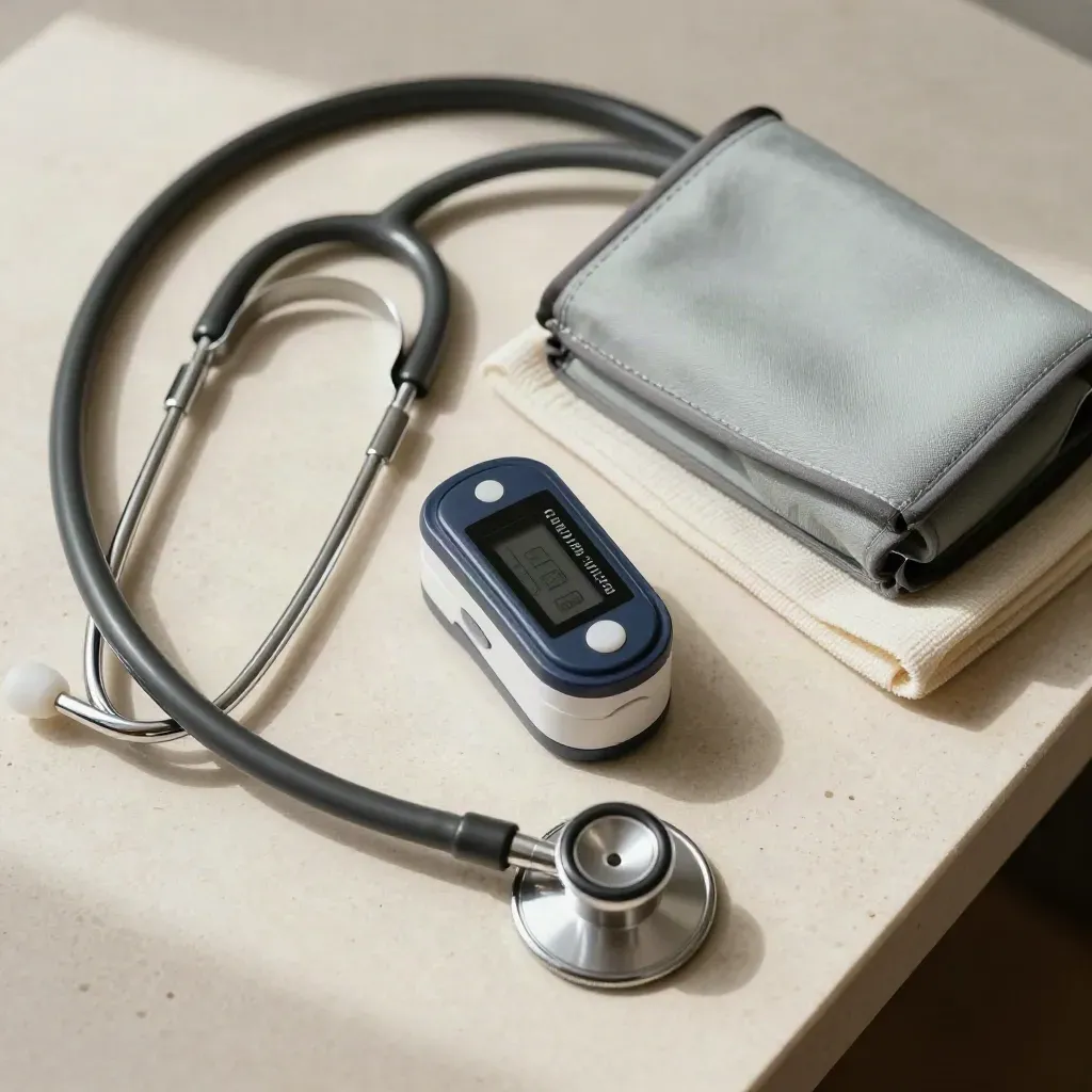 Flatlay dall’alto con stetoscopio, pulsossimetro, bracciale pressione e panno su pietra chiara.