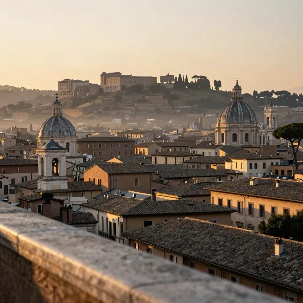 Panorama di Roma e Lazio all’alba con cupole e tetti in travertino nella foschia dorata.
