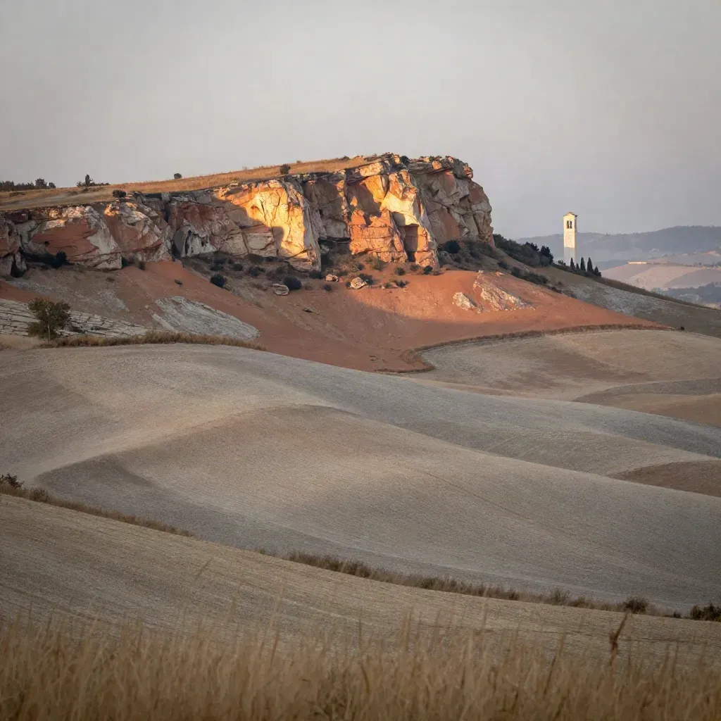 Rupe di tufo di Orvieto nella foschia mattutina, campagna umbra calma in primo piano.