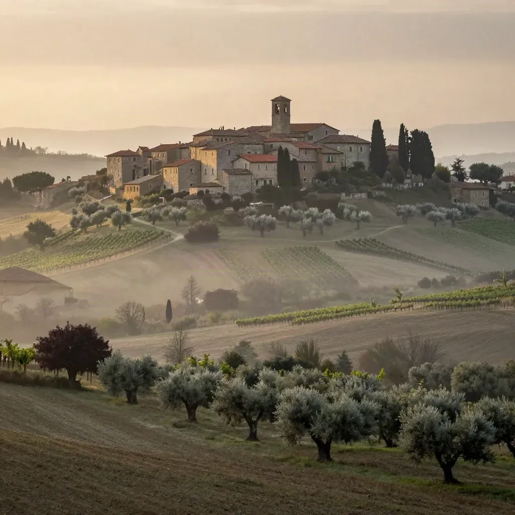 Borgo in pietra tra ulivi e campi nella valle di Frosinone, avvolto dalla nebbia dopo la pioggia.