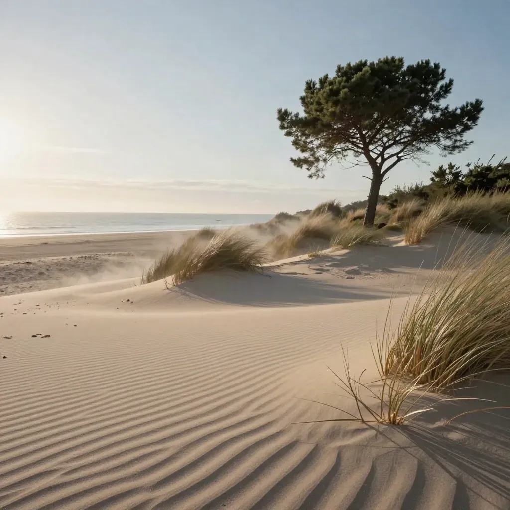 Dune ventose, pineta e mare tirrenico a Latina sotto luce mattutina pulita.